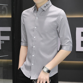 七分袖 寸衫 衬衫 休闲百搭中袖 夏季 修身 男士 竖条纹衬衣潮流帅气短袖