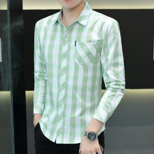 格子长袖衬衫男士秋季潮牌韩版口袋衬衣休闲秋装衣服免烫抗皱寸衣