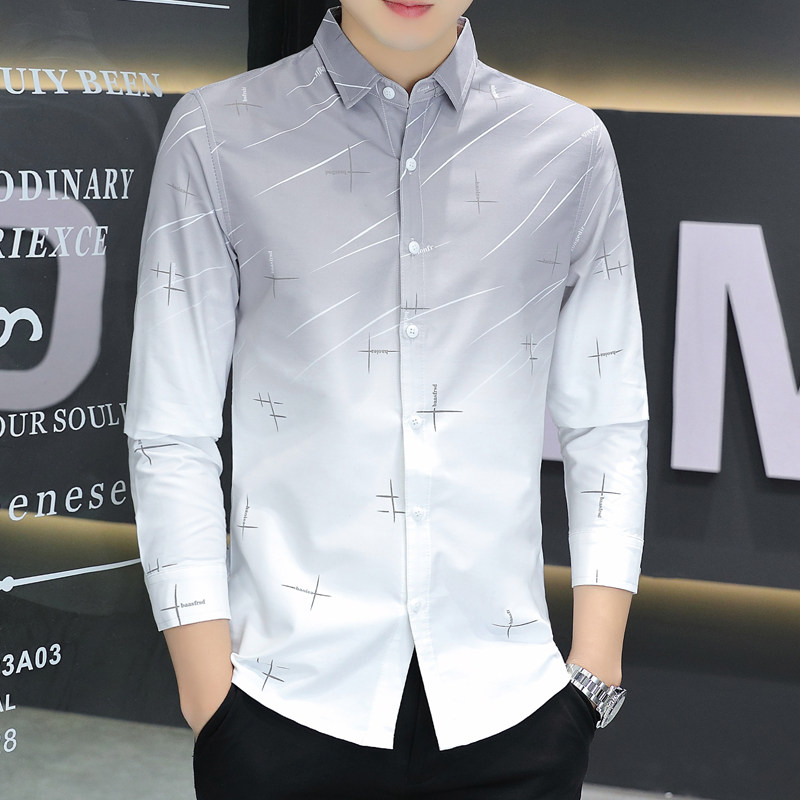 夏季超薄款男士渐变色衬衫长袖韩版修身帅气衬衣潮流抗皱防晒上衣