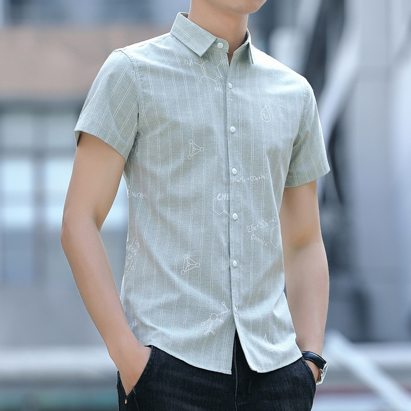 夏季短袖男衬衫韩版修身帅气条纹寸衫休闲潮流新款牛津纺男士衬衣
