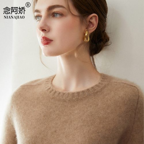 100%纯山羊绒衫女圆领马鞍肩加厚