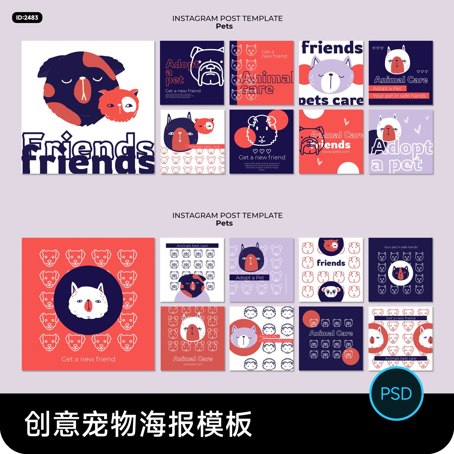 创意简约趣味宠物动物猫狗元素海报banner排版模板psd设计素材