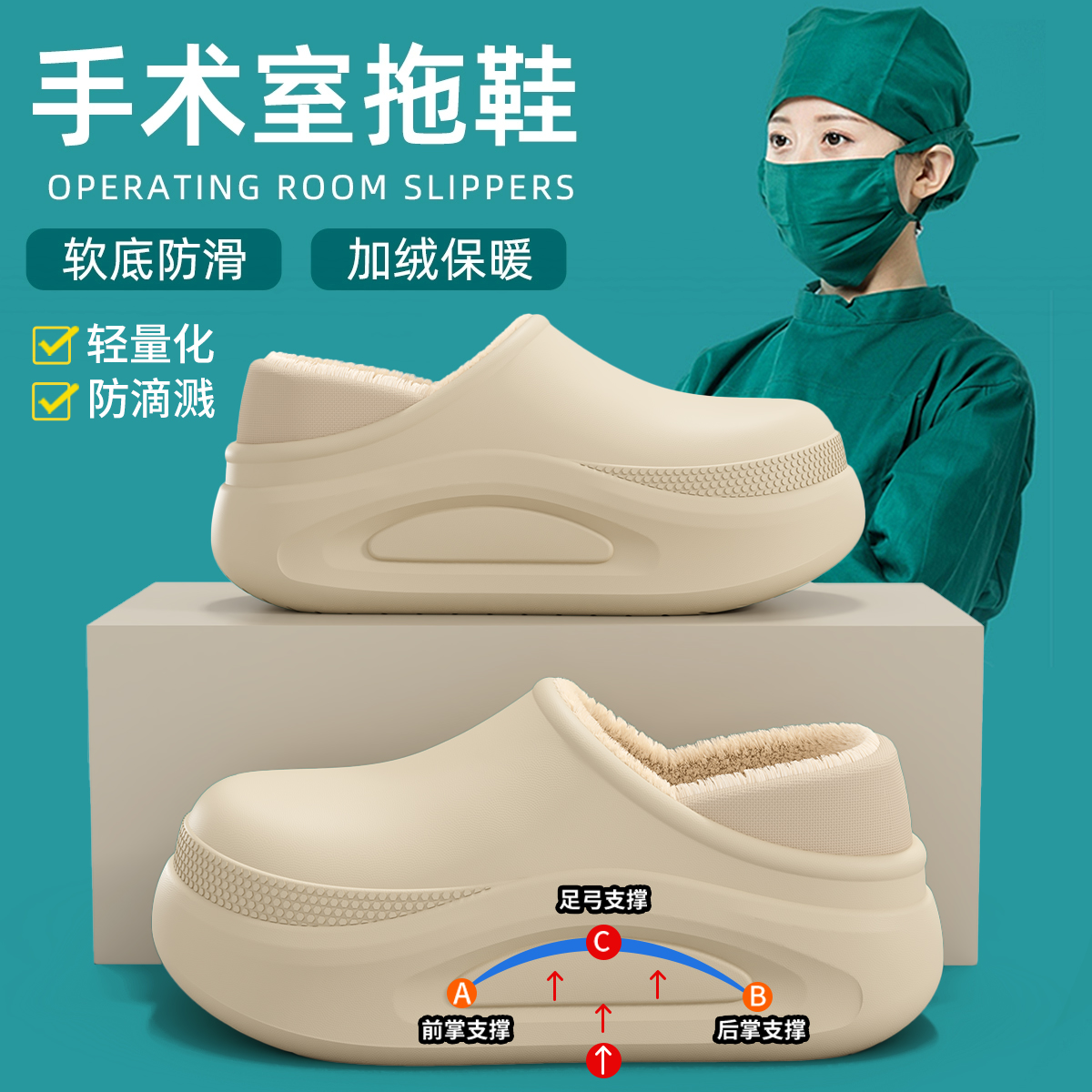 足弓包跟防水棉拖鞋女士2025新款秋冬季室内家居毛绒手术室棉鞋男