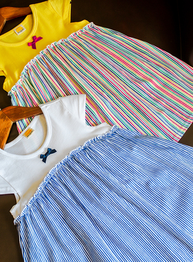 女童短袖连衣裙夏季新品韩版竖条纹名族风娃娃衫白色黄色蛋糕裙