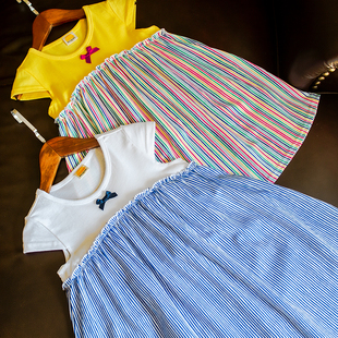 女童短袖连衣裙夏季新品韩版竖条纹名族风娃娃衫白色黄色蛋糕裙