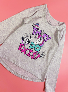 米妮女童装长袖T恤春秋季纯棉打底衫卡通印花灰色薄款90-130吸汗