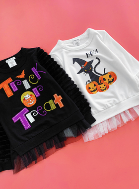 秋季女童卫衣套头打底衫弹力薄款卡通黑色白色拼接蕾丝印花2-16岁