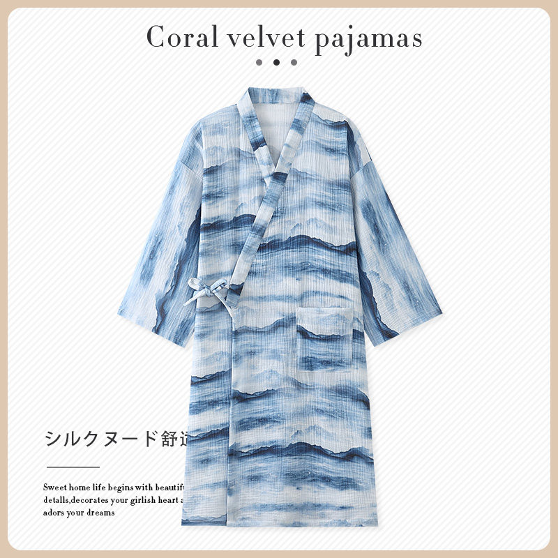 双层纱布纯棉睡袍男士春秋季薄款国风水墨画长款睡衣和服浴袍大码