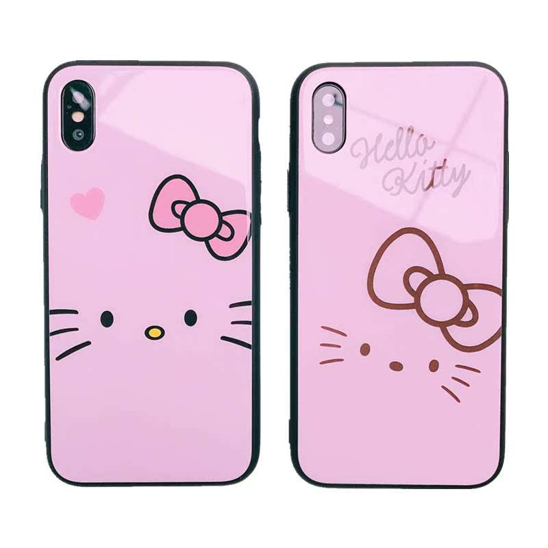 可爱卡通蝴蝶结猫iPhone7/8/X玻璃手机壳苹果6sp镜面外壳6s挂绳女