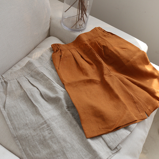 幸会 法国亚麻中高腰显瘦百慕大短裤 百搭女士松紧腰宽松干爽裤子