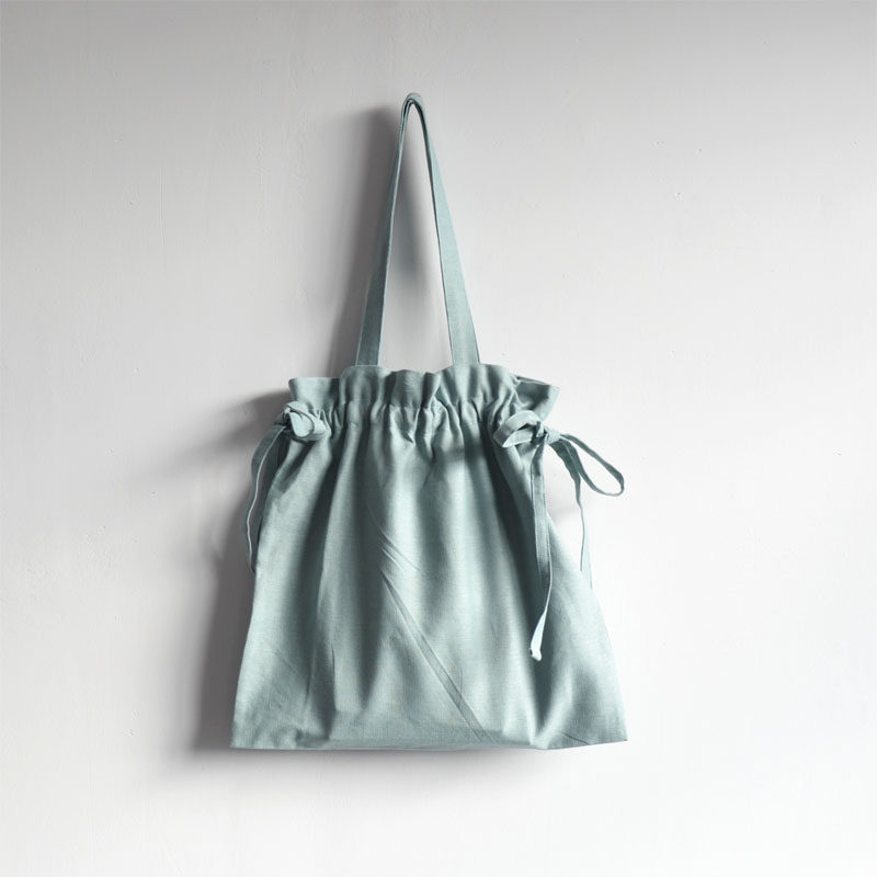 素音 极简清新文艺范纯色抽绳布包 亚麻棉夹层细帆布大容量单肩包