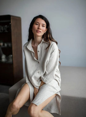慵懒宽松纯亚麻长款衬衣连衣裙