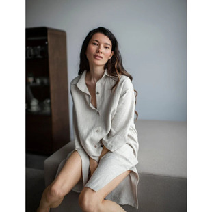 法国亚麻宽松家居服睡裙 翻领女士连衣裙衬衣 音讯 慵懒飒气中长款