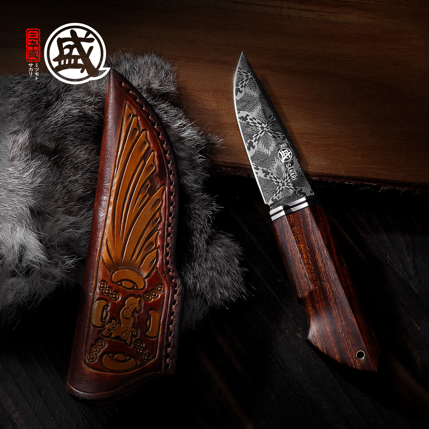 三本盛日本大马士革钢小刀水果刀多功能生存刀户外貔貅高端进口