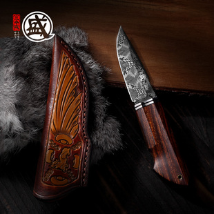 三本盛日本大马士革钢小刀水果刀多功能生存刀户外貔貅高端进口