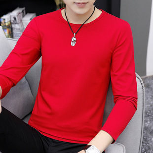 红色t恤男长袖圆领本命年小衫纯色衣服秋季弹力打底衫内搭秋衣