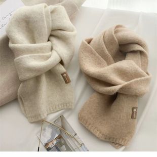 秋冬针织围脖含羊毛保暖加厚围巾韩版百搭皮标围巾儿童可爱围巾
