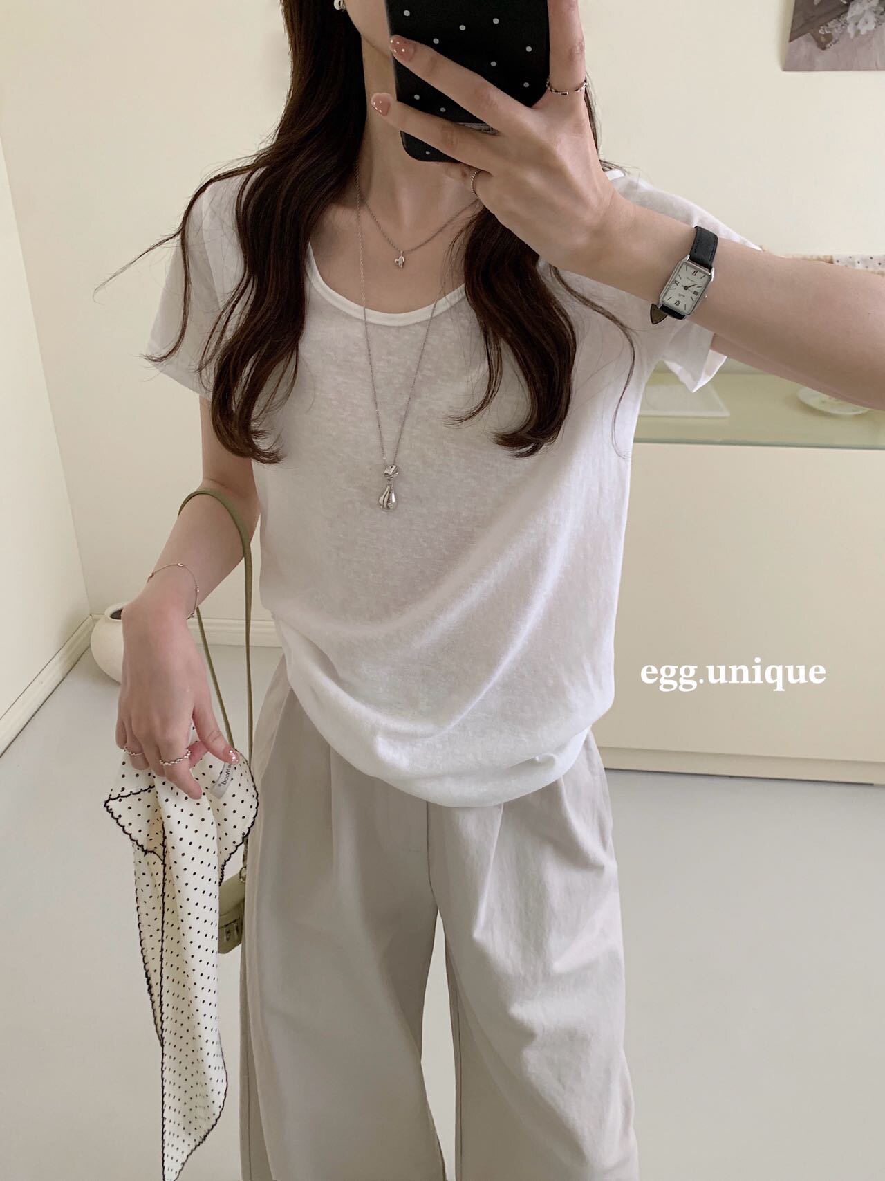 egg.unique麻感清透V领T麻感棉纯色女t恤夏季短袖百搭休闲上衣