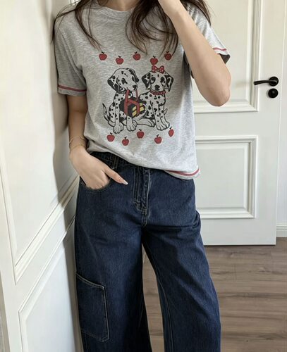 东大门木耳边苹果斑点小狗T恤