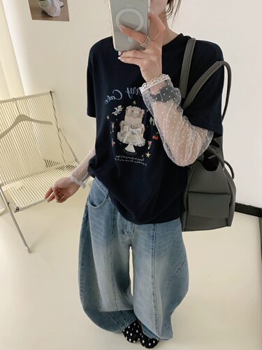 早夏可爱卡通印花假两件T恤