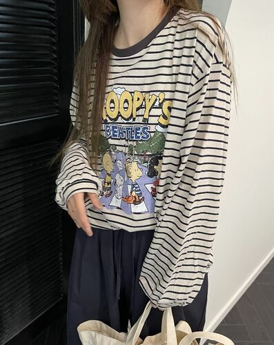现货～韩国东大门 卡通印花休闲宽松慵懒风条纹长袖T恤上衣女