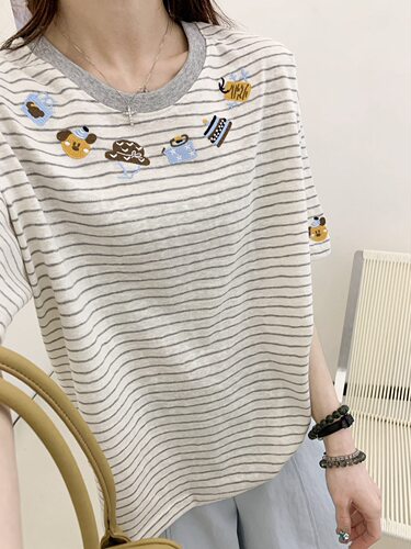 5750精致刺绣T恤女2026夏季韩系ins风简约时尚休闲百搭T恤女短袖