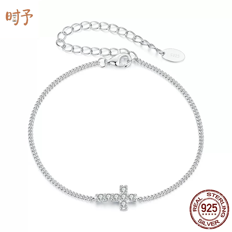 新款通体s925纯银十字架莫桑石手链欧美简约流行手链男女饰品