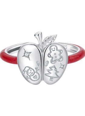 时予原创圣诞节苹果开口戒指欧美浪漫节日通体s925纯银戒指礼物