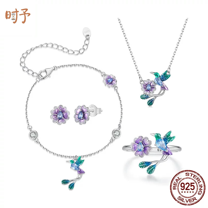 原创通体s925纯银蓝色渐变花鸟手链戒指套装森系灵动小鸟项链