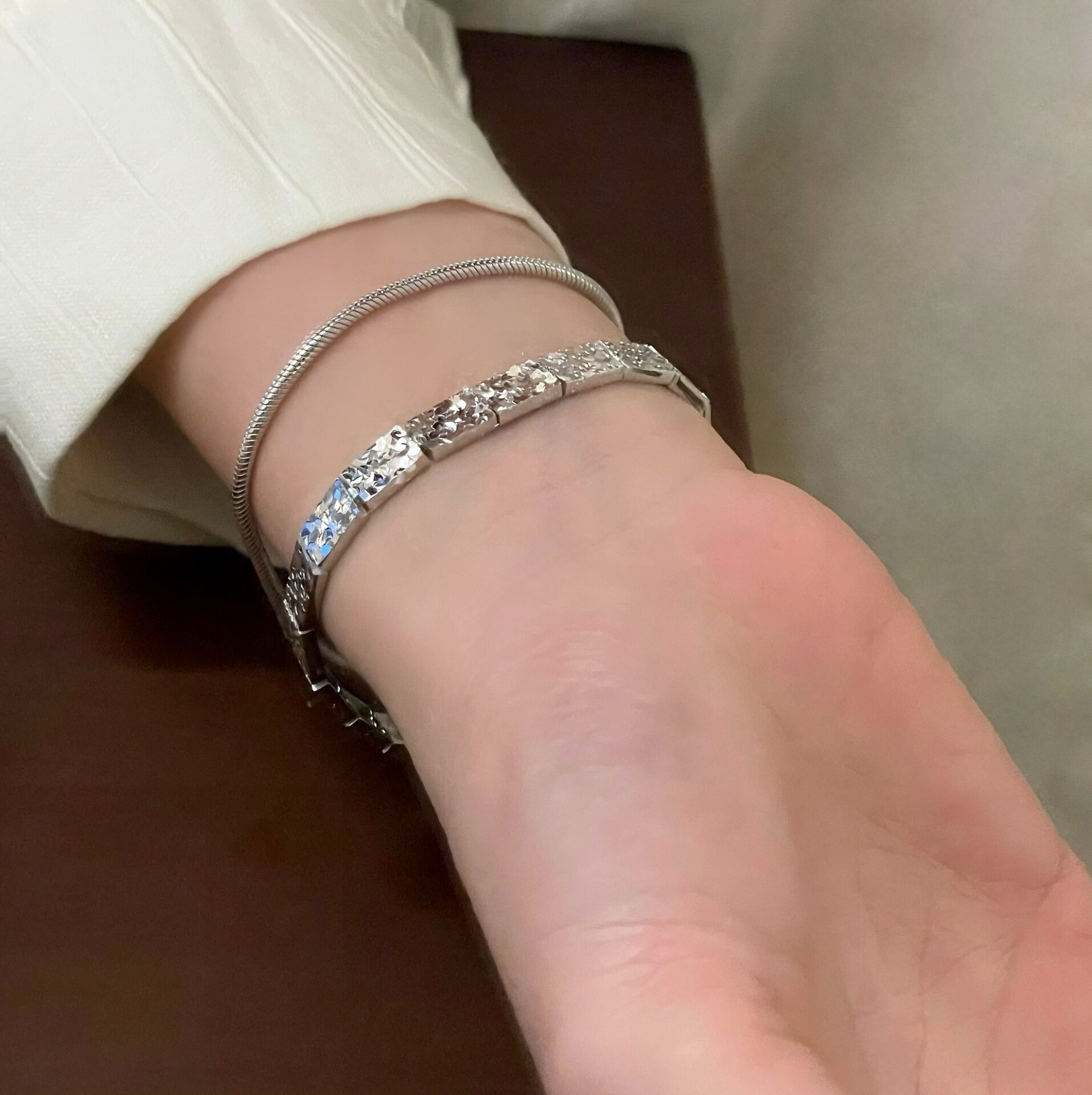 S925纯银车花碎冰冰方块拼接手链小众设计高级感简约轻奢时尚