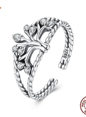 时予原创个性魅力生命树开口戒指流行通体s925纯银麻花戒指手饰