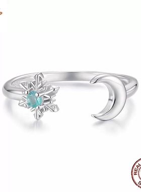 时予原创蓝色雪花月亮开口戒指浪漫冬季氛围感s925纯银戒指手饰