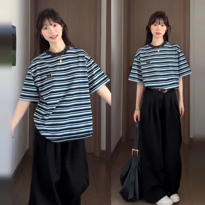 日系港味复古条纹撞色短袖t恤女