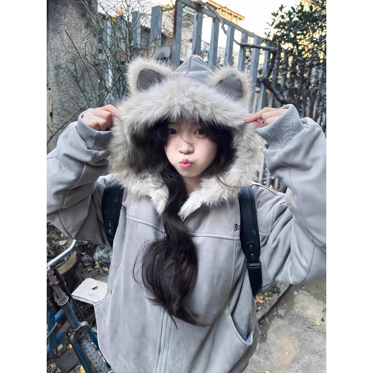 美式短款麂皮毛绒加厚外套情侣女