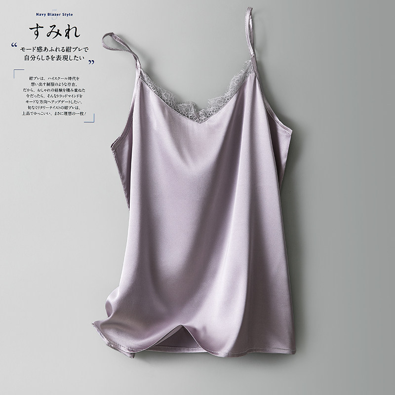 重磅真丝吊带背心女绸缎内搭v领性感蕾丝缎面打底上衣夏季桑蚕丝