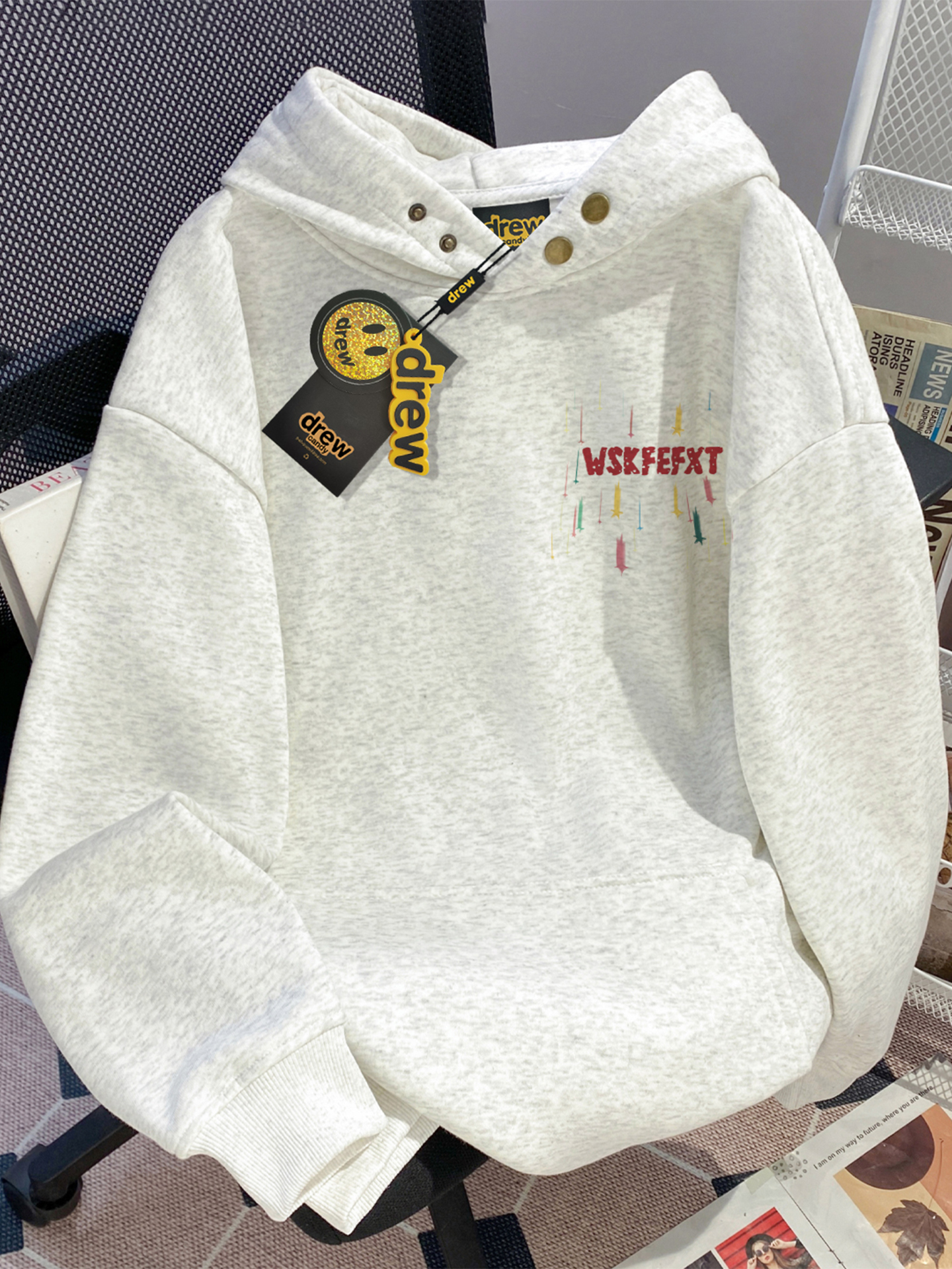 drew灰色纽扣卫衣男女款秋季连帽衫宽松纯棉重磅初高中生美式外套