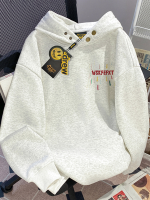 drew灰色纽扣卫衣男女款秋季连帽衫宽松纯棉重磅初高中生美式外套