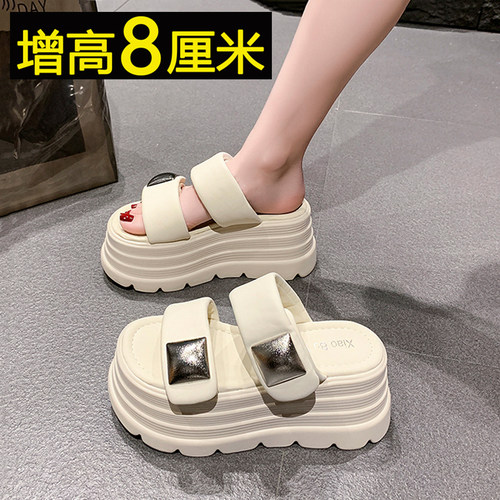 超轻软底~增高8cm松糕拖鞋女外穿