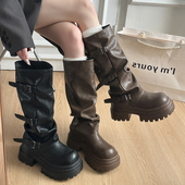 西部牛仔骑士靴厚底褶皱堆堆裤 7cm厚底长筒靴女2025秋季 新款 管靴