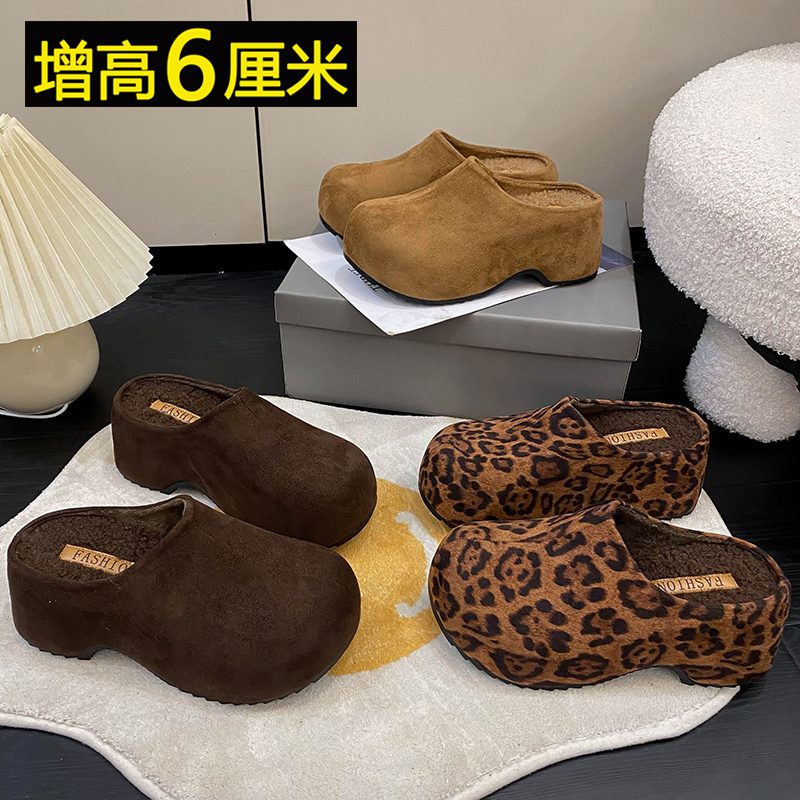 厚底内增高勃肯鞋女加绒毛毛棉拖鞋2025新款秋冬复古懒人包头半拖