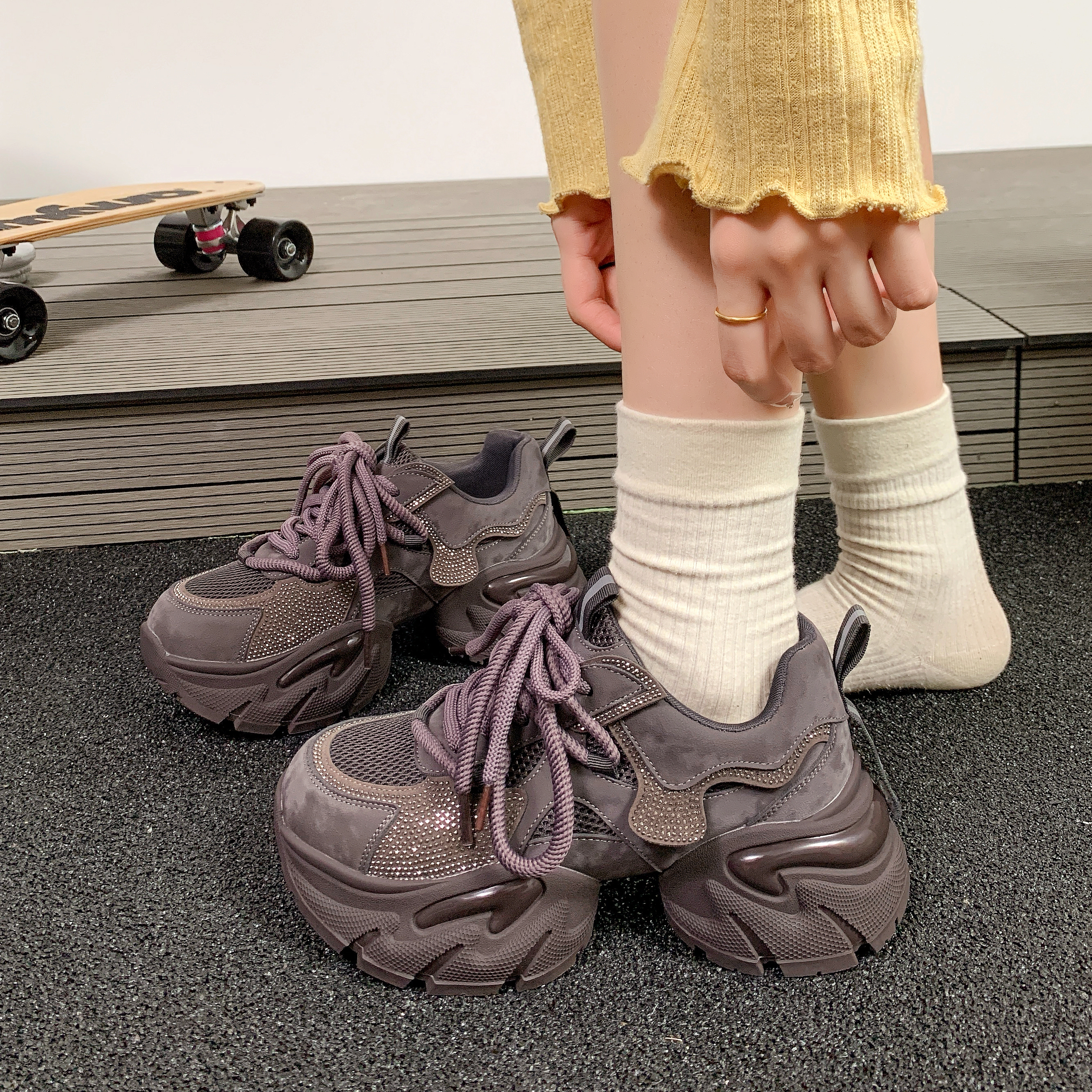 真皮时尚老爹鞋女水钻增高运动鞋