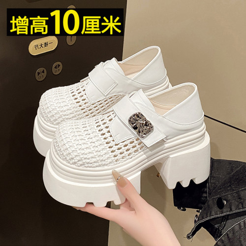 超轻软底~增高10cm镂空小皮鞋女
