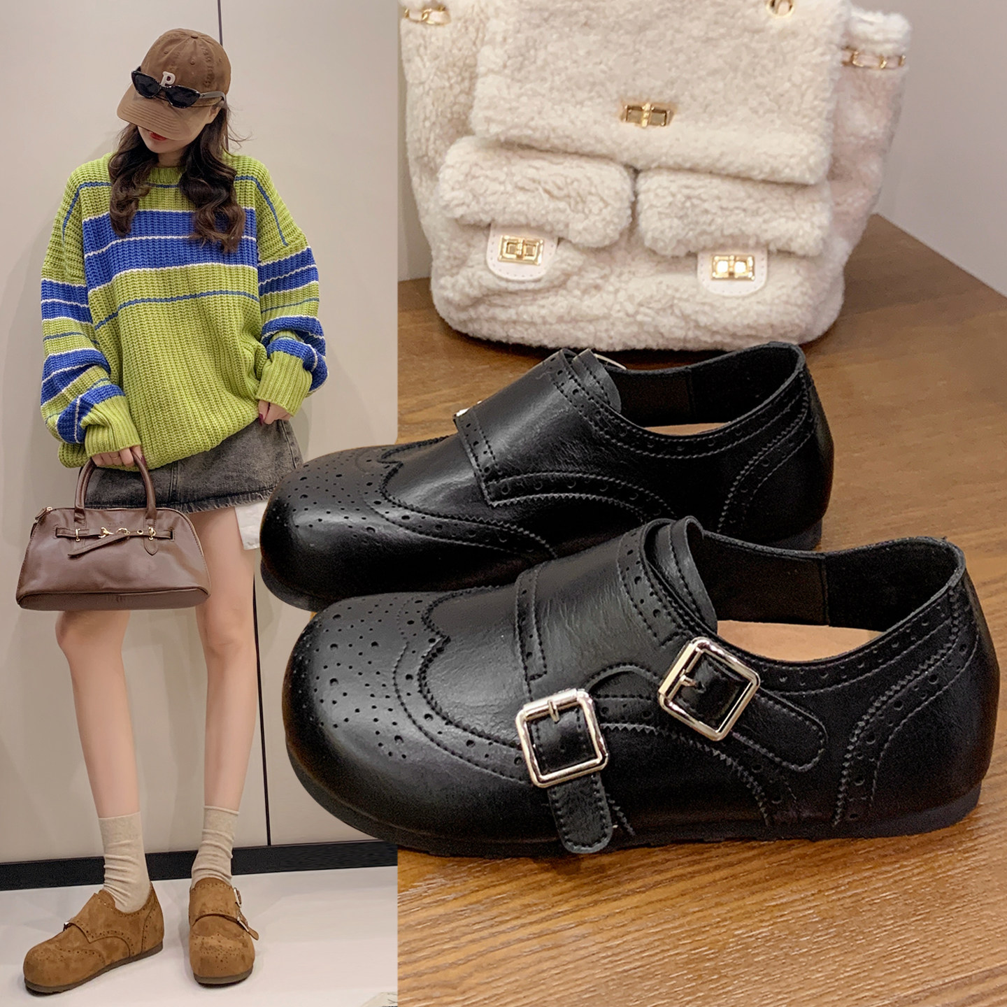 复古全包皮面勃肯鞋女2026年春季新款英伦风雕花小皮鞋布洛克单鞋,女鞋,勃肯鞋/软木鞋,淘宝优惠券,粉丝福利购,淘宝优惠卷