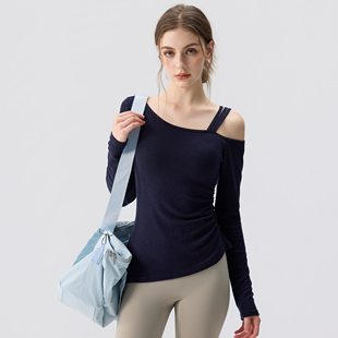 瑜伽服女2025新款秋冬长袖斜肩高级感显瘦运动上衣普拉提健身套装