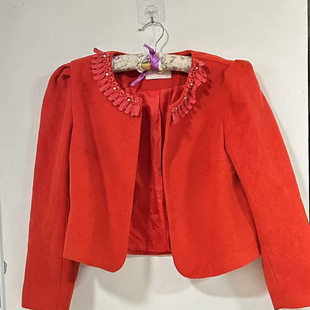 二手闲置 橙红色毛呢外套女短款蕾丝领钉珠装饰淑女装