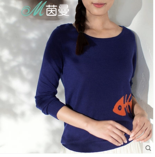 茵曼新款撞色圆领打底衫针织衫女套头短款8533010177