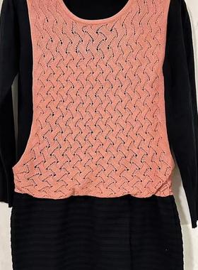 橙色背心假两件长袖针织连衣裙