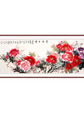 纯手绘国画工笔牡丹花挂画新中式客厅背景墙花开富贵吉祥花鸟壁画