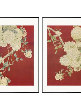 新中式客厅装饰画中国风花鸟绣球花红色玄关餐厅画沙发背景墙壁画