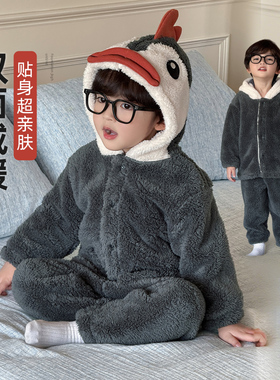 儿童珊瑚绒睡衣男童家居服秋冬款小男孩冬季加绒加厚保暖套装卡通